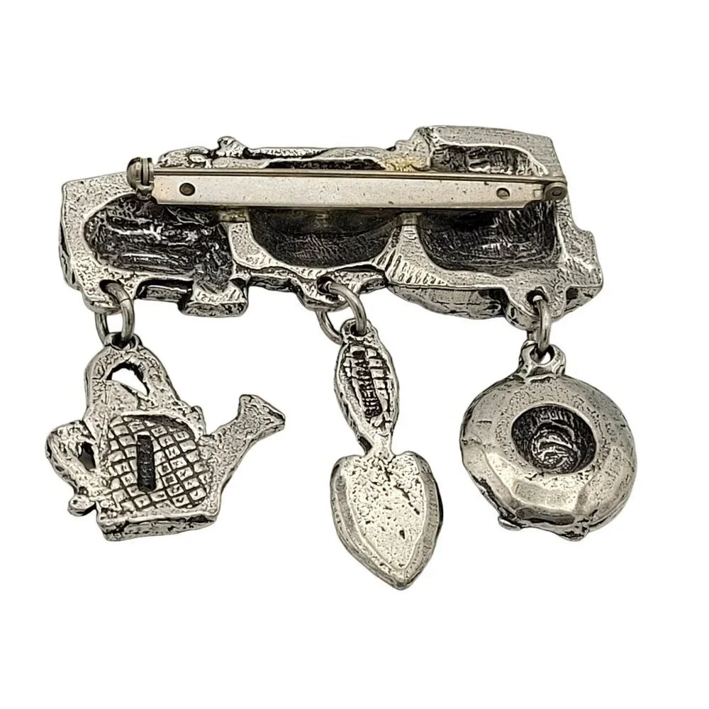 Sheridan Silvertone Pewter Gardening Theme Brooch Hat Trowel Watering Can Charms - Picture 2 of 4